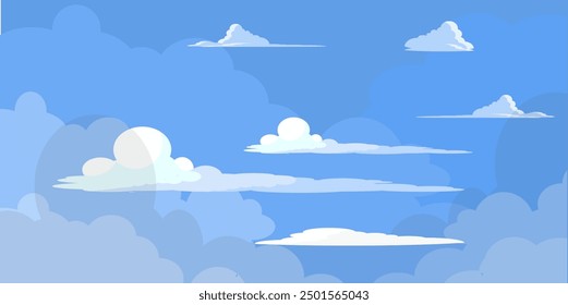 Sky with Clouds illustration in flat style. Sky and clouds background. Cloudy vector cartoon illustration in blue color. Nature abstract wallpaper. cloud, sky.