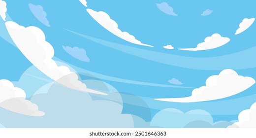 Himmel mit Wolken Illustration im flachen Stil. Himmel und Wolken Hintergrund. Trübe Vektorkarikatur in blauer Farbe. Natur abstrakte Tapete.