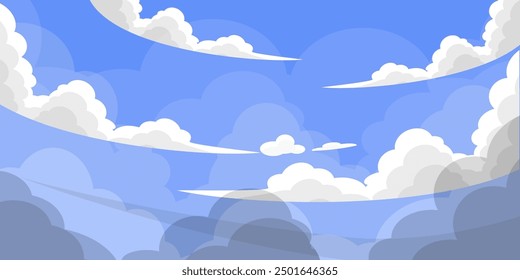Cielo con la ilustración de las nubes en estilo plano. Cielo y fondo de nubes. Ilustración de dibujos animados de Vector nublado en color azul. Fondo de pantalla abstracto de Naturaleza.