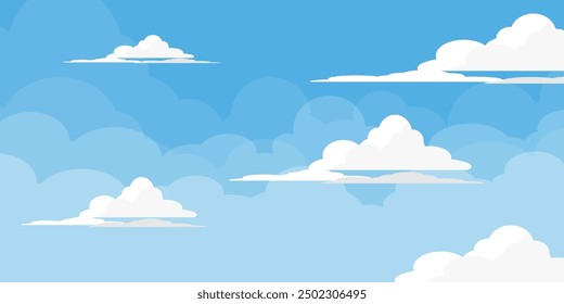 Sky with Clouds illustration in flat style. Sky and clouds background. Cloudy vector cartoon illustration in blue color. Nature abstract wallpaper.