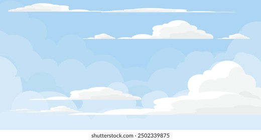 Sky with Clouds illustration in flat style. Sky and clouds background. Cloudy vector cartoon illustration in blue color. Nature abstract wallpaper.