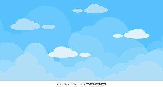 Sky with Clouds illustration in flat style. Sky and clouds background. Cloudy vector cartoon illustration in blue color. Nature abstract wallpaper.