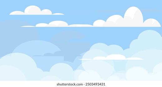 Cielo con la ilustración de las nubes en estilo plano. Cielo y fondo de nubes. Ilustración de dibujos animados de Vector nublado en color azul. Fondo de pantalla abstracto de Naturaleza.