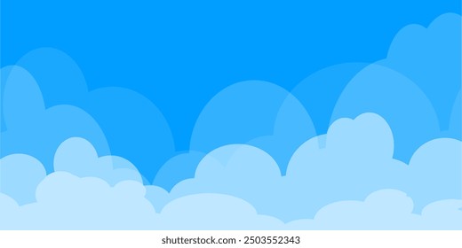 Sky with Clouds illustration in flat style. Sky and clouds background. Cloudy vector cartoon illustration in blue color. Nature abstract wallpaper.