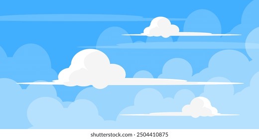 Sky with Clouds illustration in flat style. Sky and clouds background. Cloudy vector cartoon illustration in blue color. Nature abstract wallpaper. 