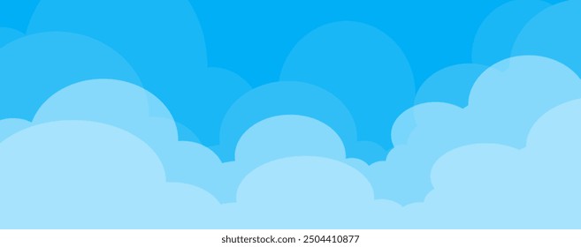 Sky with Clouds illustration in flat style. Sky and clouds background. Cloudy vector cartoon illustration in blue color. Nature abstract wallpaper. 