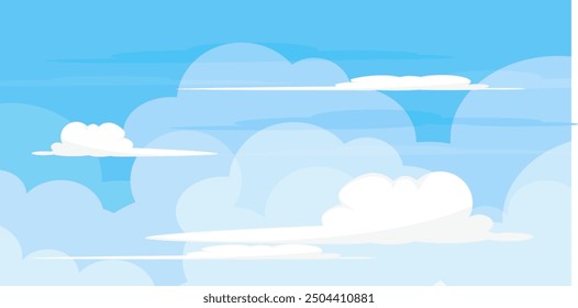 Sky with Clouds illustration in flat style. Sky and clouds background. Cloudy vector cartoon illustration in blue color. Nature abstract wallpaper. 