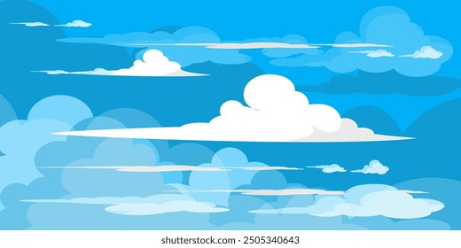 Sky with Clouds illustration in flat style. Sky and clouds background. Cloudy vector cartoon illustration in blue color. Nature abstract wallpaper. 