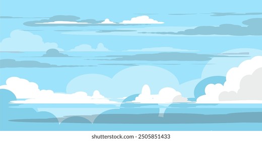 Sky with Clouds illustration in flat style. Sky and clouds background. Cloudy vector cartoon illustration in blue color. Nature abstract wallpaper. 