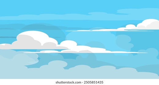 Sky with Clouds illustration in flat style. Sky and clouds background. Cloudy vector cartoon illustration in blue color. Nature abstract wallpaper. 