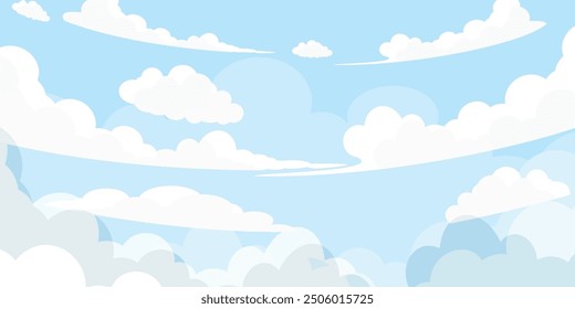 Sky with Clouds illustration in flat style. Sky and clouds background. Cloudy vector cartoon illustration in blue color. Nature abstract wallpaper. 