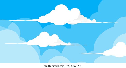 Cielo con la ilustración de las nubes en estilo plano. Cielo y fondo de nubes. Ilustración de dibujos animados de Vector nublado en color azul. Fondo de pantalla abstracto de Naturaleza. 