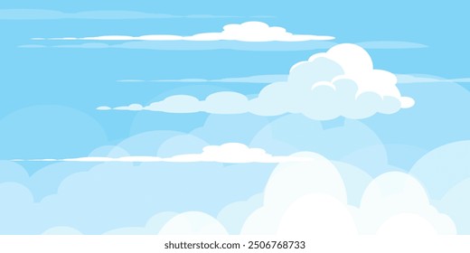 Cielo con la ilustración de las nubes en estilo plano. Cielo y fondo de nubes. Ilustración de dibujos animados de Vector nublado en color azul. Fondo de pantalla abstracto de Naturaleza. 