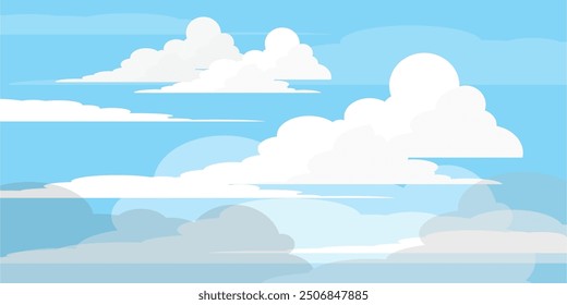 Himmel mit Wolken Illustration im flachen Stil. Himmel und Wolken Hintergrund. Trübe Vektorkarikatur in blauer Farbe. Natur abstrakte Tapete. 