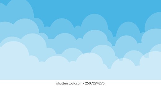 Cielo con la ilustración de las nubes en estilo plano. Cielo y fondo de nubes. Ilustración de dibujos animados de Vector nublado en color azul. Fondo de pantalla abstracto de Naturaleza. 