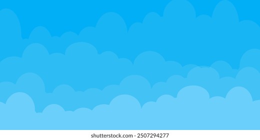 Sky with Clouds illustration in flat style. Sky and clouds background. Cloudy vector cartoon illustration in blue color. Nature abstract wallpaper. 