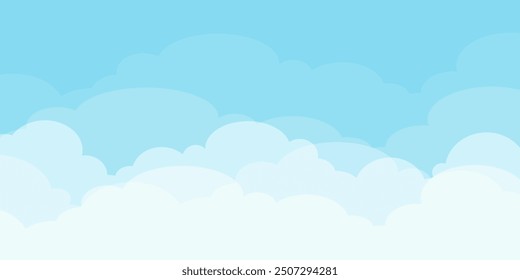 Sky with Clouds illustration in flat style. Sky and clouds background. Cloudy vector cartoon illustration in blue color. Nature abstract wallpaper. 