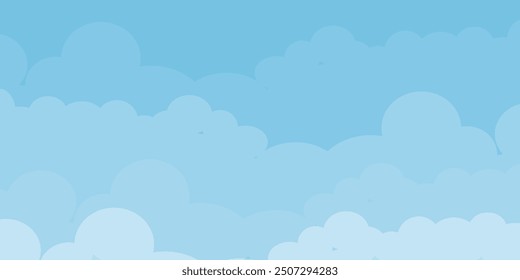 Sky with Clouds illustration in flat style. Sky and clouds background. Cloudy vector cartoon illustration in blue color. Nature abstract wallpaper. 