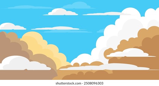 Sky with Clouds illustration in flat style. Sky and clouds background. Cloudy vector cartoon illustration in blue color. Nature abstract wallpaper. 