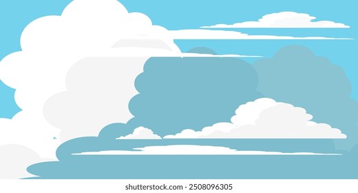 Sky with Clouds illustration in flat style. Sky and clouds background. Cloudy vector cartoon illustration in blue color. Nature abstract wallpaper. 