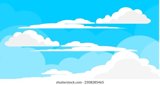 Cielo con la ilustración de las nubes en estilo plano. Cielo y fondo de nubes. Ilustración de dibujos animados de Vector nublado en color azul. Fondo de pantalla abstracto de Naturaleza. 