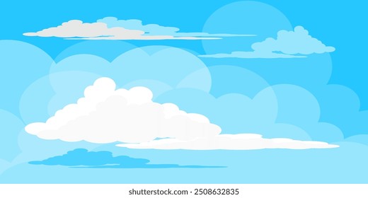 Himmel mit Wolken Illustration im flachen Stil. Himmel und Wolken Hintergrund. Trübe Vektorkarikatur in blauer Farbe. Natur abstrakte Tapete. 