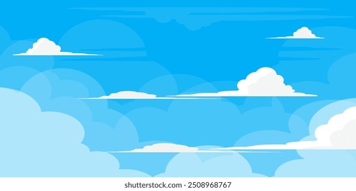 Himmel mit Wolken Illustration im flachen Stil. Himmel und Wolken Hintergrund. Trübe Vektorkarikatur in blauer Farbe. Natur abstrakte Tapete. 