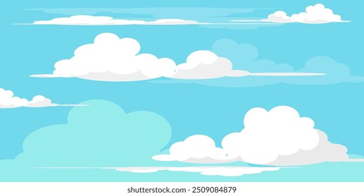 Cielo con la ilustración de las nubes en estilo plano. Cielo y fondo de nubes. Ilustración de dibujos animados de Vector nublado en color azul. Fondo de pantalla abstracto de Naturaleza. 