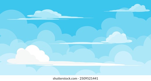 Sky with Clouds illustration in flat style. Sky and clouds background. Cloudy vector cartoon illustration in blue color. Nature abstract wallpaper. 