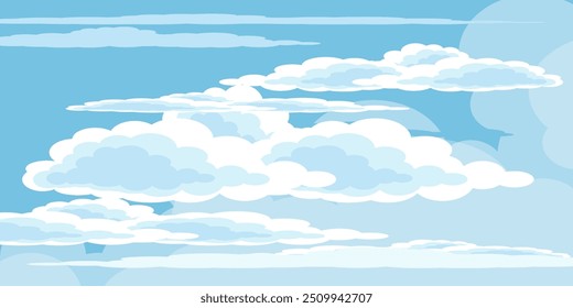 Cielo con la ilustración de las nubes en estilo plano. Cielo y fondo de nubes. Ilustración de dibujos animados de Vector nublado en color azul. Fondo de pantalla abstracto de Naturaleza. 