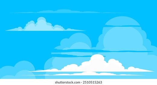 Ilustração de Céu com Nuvens em estilo plano. Fundo do céu e das nuvens. Ilustração de desenho animado de vetor nublado em cor azul. Natureza abstrata papel de parede. 