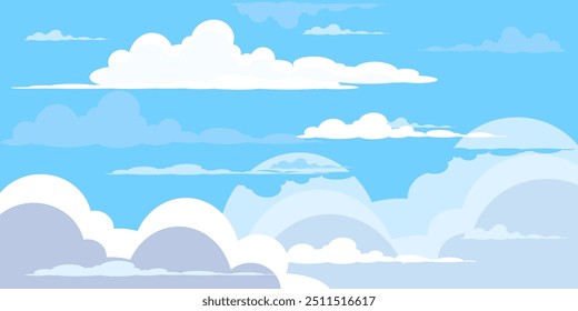 Cielo con la ilustración de las nubes en estilo plano. Cielo y fondo de nubes. Ilustración de dibujos animados de Vector nublado en color azul. Fondo de pantalla abstracto de Naturaleza. 