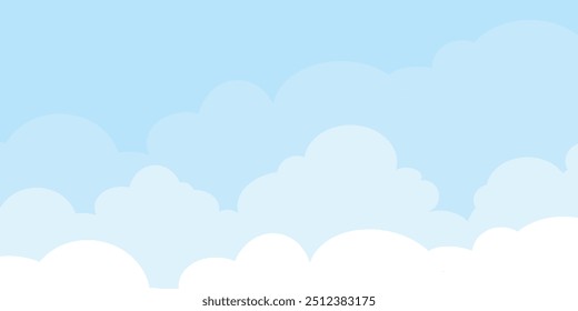 Sky with Clouds illustration in flat style. Sky and clouds background. Cloudy vector cartoon illustration in blue color. Nature abstract wallpaper. 
