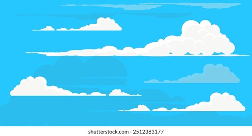 Sky with Clouds illustration in flat style. Sky and clouds background. Cloudy vector cartoon illustration in blue color. Nature abstract wallpaper. 