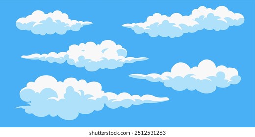 Sky with Clouds illustration in flat style. Sky and clouds background. Cloudy vector cartoon illustration in blue color
