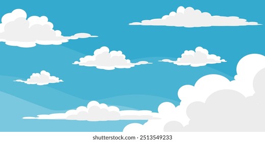 Ilustração de Céu com Nuvens em estilo plano. Fundo do céu e das nuvens. Ilustração de desenho animado de vetor nublado em cor azul. Natureza abstrata papel de parede. 