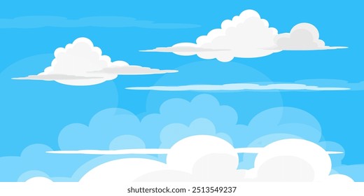 Sky with Clouds illustration in flat style. Sky and clouds background. Cloudy vector cartoon illustration in blue color. Nature abstract wallpaper. 