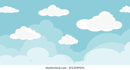 Sky with Clouds illustration in flat style. Sky and clouds background. Cloudy vector cartoon illustration in blue color. Nature abstract wallpaper. 
