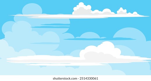Sky with Clouds illustration in flat style. Sky and clouds background. Cloudy vector cartoon illustration in blue color. Nature abstract wallpaper. 
