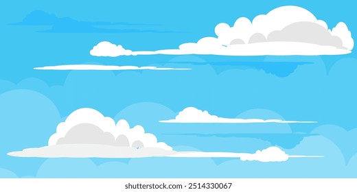 Ilustração de Céu com Nuvens em estilo plano. Fundo do céu e das nuvens. Ilustração de desenho animado de vetor nublado em cor azul. Natureza abstrata papel de parede. 