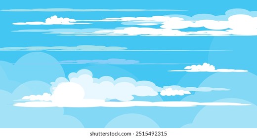 Ilustração de Céu com Nuvens em estilo plano. Fundo do céu e das nuvens. Ilustração de desenho animado de vetor nublado em cor azul. Natureza abstrata papel de parede. 