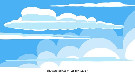 Sky with Clouds illustration in flat style. Sky and clouds background. Cloudy vector cartoon illustration in blue color. Nature abstract wallpaper. 