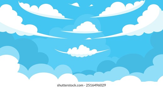 Sky with Clouds illustration in flat style. Sky and clouds background. Cloudy vector cartoon illustration in blue color. Nature abstract wallpaper.