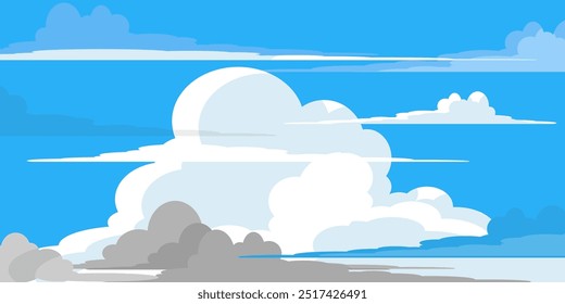 Sky with Clouds illustration in flat style. Sky and clouds background. Cloudy vector cartoon illustration in blue color. Nature abstract wallpaper.