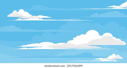 Sky with Clouds illustration in flat style. Sky and clouds background. Cloudy vector cartoon illustration in blue color. Nature abstract wallpaper.
