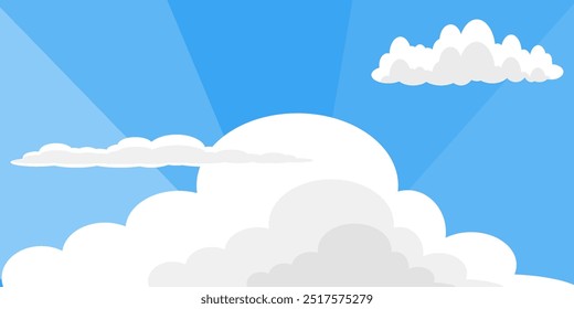 Cielo con la ilustración de las nubes en estilo plano. Cielo y fondo de nubes. Ilustración de dibujos animados de Vector nublado en color azul. Fondo de pantalla abstracto de Naturaleza.