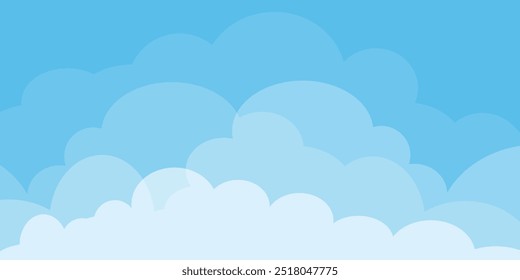 Sky with Clouds illustration in flat style. Sky and clouds background. Cloudy vector cartoon illustration in blue color. Nature abstract wallpaper.