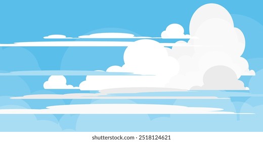 Sky with Clouds illustration in flat style. Sky and clouds background. Cloudy vector cartoon illustration in blue color. Nature abstract wallpaper.