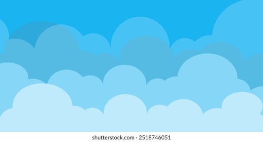 Himmel mit Wolken Illustration im flachen Stil. Himmel und Wolken Hintergrund. Trübe Vektorkarikatur in blauer Farbe. Natur abstrakte Tapete.