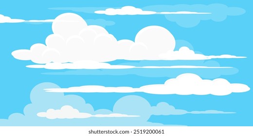 Himmel mit Wolken Illustration im flachen Stil. Himmel und Wolken Hintergrund. Trübe Vektorkarikatur in blauer Farbe. Natur abstrakte Tapete.